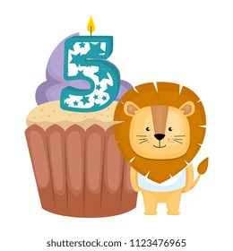 sweet cupcake with candle number five and lion