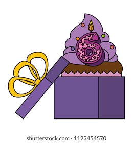 sweet cupcake with candle number six in gift