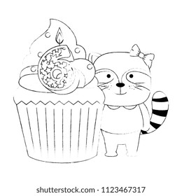 sweet cupcake with candle number six and raccoon