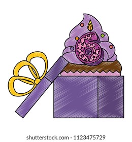 sweet cupcake with candle number six in gift