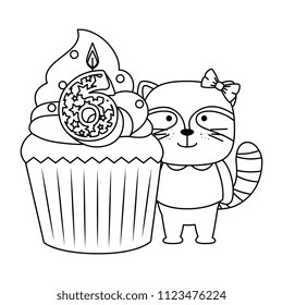 sweet cupcake with candle number six and raccoon