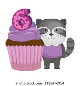 sweet cupcake with candle number six and raccoon