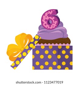 sweet cupcake with candle number six in gift