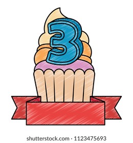 sweet cupcake with candle number three and ribbon