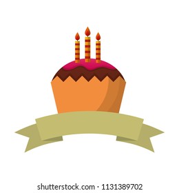 sweet cupcake with candles and ribbon isolated icon