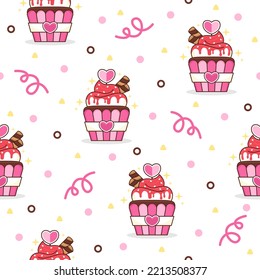 Sweet cupcake cartoon vector pattern background.