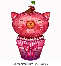 Sweet cupcake cat for your design. Vectorized watercolor drawing. Hand drawn sweet cupcake. Vintage poster design. Birthday card with funny cat. Small cute sweet kitten. Vector abstract background. Isolated