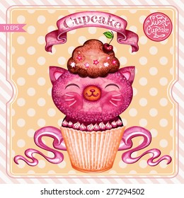Sweet cupcake cat for your design.Vectorized watercolor drawing.Hand drawn sweet cupcake.Vintage poster design.Birthday card with funny cat.Small cute sweet kitten.Vector abstract background.Isolated