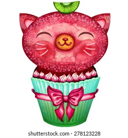 Sweet cupcake cat for your design.Vectorized watercolor drawing. Hand drawn sweet cupcake. Vintage poster design. Birthday card with funny cat. Small cute sweet kitten.Vector abstract background.I solated