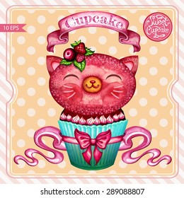 Sweet cupcake cat for your design.Vectorized watercolor drawing.Hand drawn sweet cupcake.Vintage poster design.Birthday funny card.Small cute sweet kitten.Vector abstract background.Isolated 