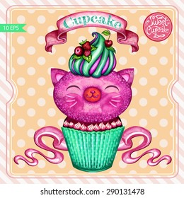 Sweet cupcake cat for your design.Vectorized watercolor drawing.Hand drawn sweet cake.Vintage poster design.Birthday funny card.Small cute sweet kitten.Vector abstract background.Isolated