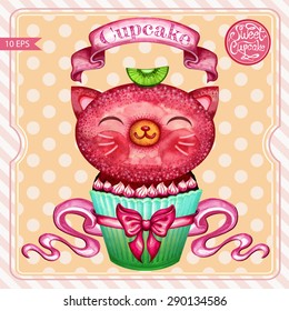 Sweet cupcake cat for your design.Vectorized watercolor drawing.Hand drawn sweet cake.Vintage poster design.Birthday funny card.Small cute sweet kitten.Vector abstract background.Isolated