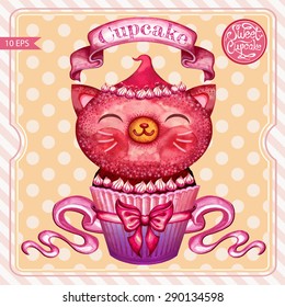 Sweet cupcake cat for your design.Vectorized watercolor drawing.Hand drawn sweet cake.Vintage poster design.Birthday funny card.Small cute sweet kitten.Vector abstract background.Isolated