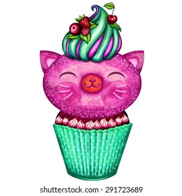 Sweet cupcake cat for your design.Vectorized watercolor drawing.Hand drawn sweet cake.Vintage poster design.Birthday funny card.Small cute sweet kitten.Vector abstract background.Isolated