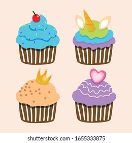 Süßer Cupcakes mit Cherry Unicorn Queen und Love Style Topping