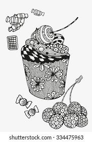 Sweet cupcake with chocolate, berries and cream. Artistically drawn, stylized.  Made by trace from sketch. Set of vector sketches. zentangle