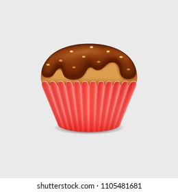 Sweet cupcake with chocolate cream on white background