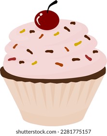 Sweet cupcake with cream and cherry. Vector illustration.