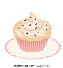 Sweet cupcake with cream and decorations, isolated on a white background.