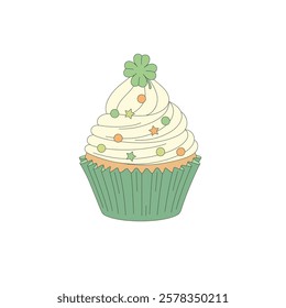 Sweet cupcake with cream and four leaf clover. Dessert, a treat to celebrate St Patrick's Day. Retro cartoon style illustration.