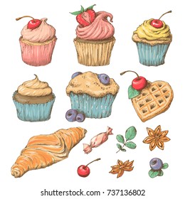 Sweet Cupcake with cream. Set from vector cards vintage inscription. Hand draw.