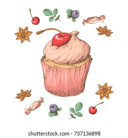 Sweet Cupcake with cream. Set from vector cards vintage inscription. Hand draw.