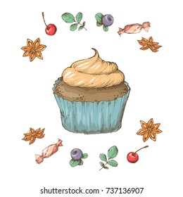 Sweet Cupcake with cream. Set from vector cards vintage inscription. Hand draw.