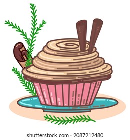 Sweet Cupcake with cream vector illustration isolated on white background, cupcake clip art, flat design. Pink birthday celebration cupcake line icon