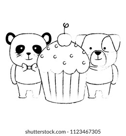 sweet cupcake with cute dog and panda