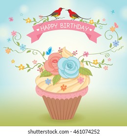 Sweet cupcake decoration with flowers and couple birds for happy birthday vector card.Nature background.