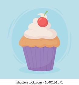 sweet cupcake dessert with cherry fruit snack vector illustration