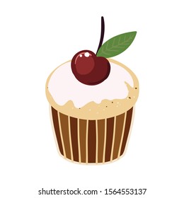Sweet cupcake dessert decoration of ripe red сherri. Vector design element Isolated on a white background