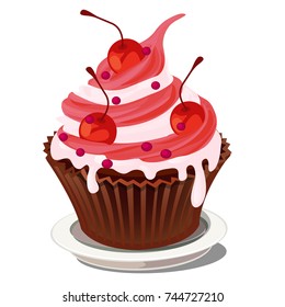 Sweet cupcake dessert in paper basket with whipped cream and pink berry topping with the decoration of ripe red juicy cherries isolated on a white background. Cartoon vector illustration close-up.