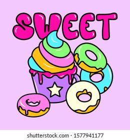 SWEET CUPCAKE AND DONUTS, SLOGAN PRINT VECTOR