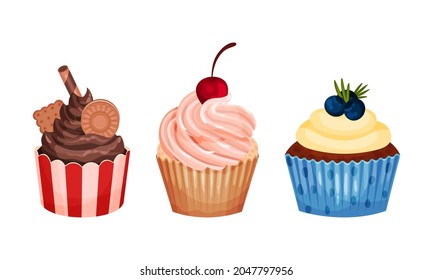 Sweet Cupcake or Fairy Cake Baked in Paper Cup Topped with Whipped Cream Vector Set