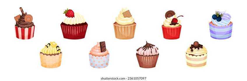 Sweet Cupcake or Fairy Cake Baked in Paper Cup Topped with Whipped Cream Vector Set