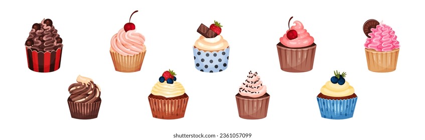 Sweet Cupcake or Fairy Cake Baked in Paper Cup Topped with Whipped Cream Vector Set