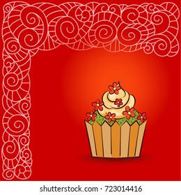 Sweet cupcake with flowers on card with doodle boho pattern. Ideal for posters, advertisements, announcements, labels, banner, menu for cafe and restaurants. Vector illustration