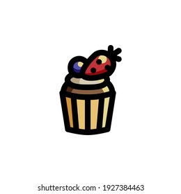 Sweet Cupcake with Fruits Foods Icon Logo Vector Illustration. Outline Style.
