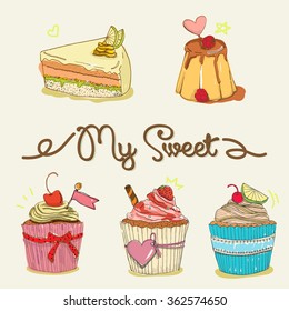 Sweet Cupcake Hand Drawn  Vector set