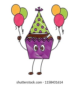 sweet cupcake with hat party and balloons helium kawaii character