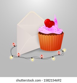 sweet cupcake with heart postal envelope and garlands with light bulbs on grey insulating background for decoration design vector EPS 10