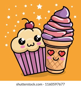 sweet cupcake with ice cream kawaii character