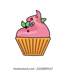 Sweet cupcake icon with pink cream and green leaves and colorful sprinkles. For flyers, postcards, stickers, posters, decorations.