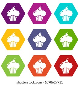 Sweet cupcake icons 9 set coloful isolated on white for web