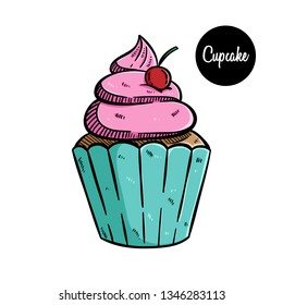 Sweet cupcake illustration with colored hand drawn art