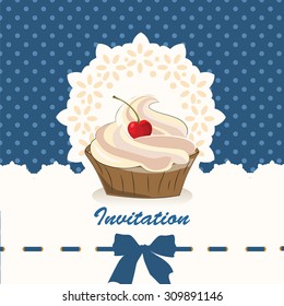 Sweet cupcake invitation background with ribbon, lace and dotted ornament. Vintage Vector