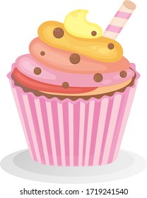 Sweet cupcake.  Isolated on white background.  Muffin icon. Yummy dessert decorated. For design menu, cafe decoration,  greeting cards. Vector illustration