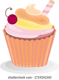 Sweet cupcake.  Isolated on white background.  Muffin icon. Yummy dessert decorated. For design menu, cafe decoration,  greeting cards. Vector illustration