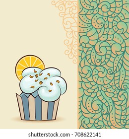 Sweet cupcake look like cloud with orange slice sun. Card with doodle boho pattern. Ideal for posters, advertisements, announcements, labels, banner, menu for cafe and restaurants. Vector illustration